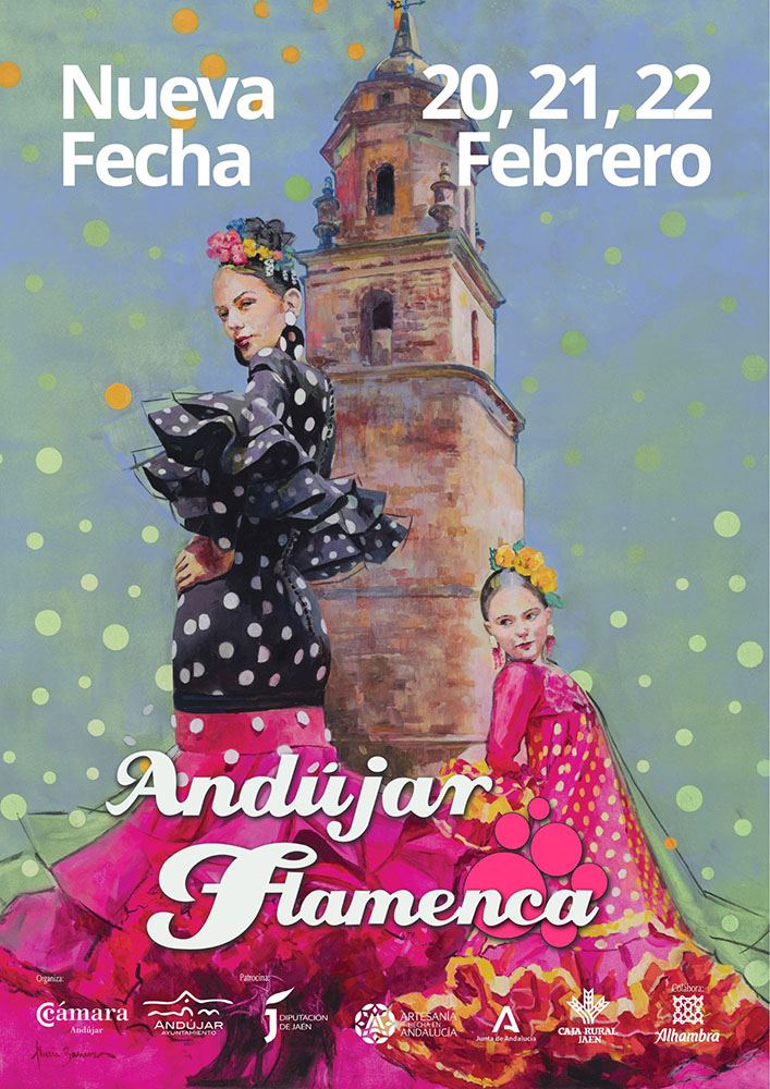Cartel oficial de Andújar Flamenca 2026: dos mujeres con traje de flamenca de lunares ante la torre de Andújar, con las fechas 20, 21 y 22 de febrero